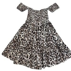 Venus Leopard Print Dress Off‎ Shoulder Smocked Tiered Mini Dress Size SM